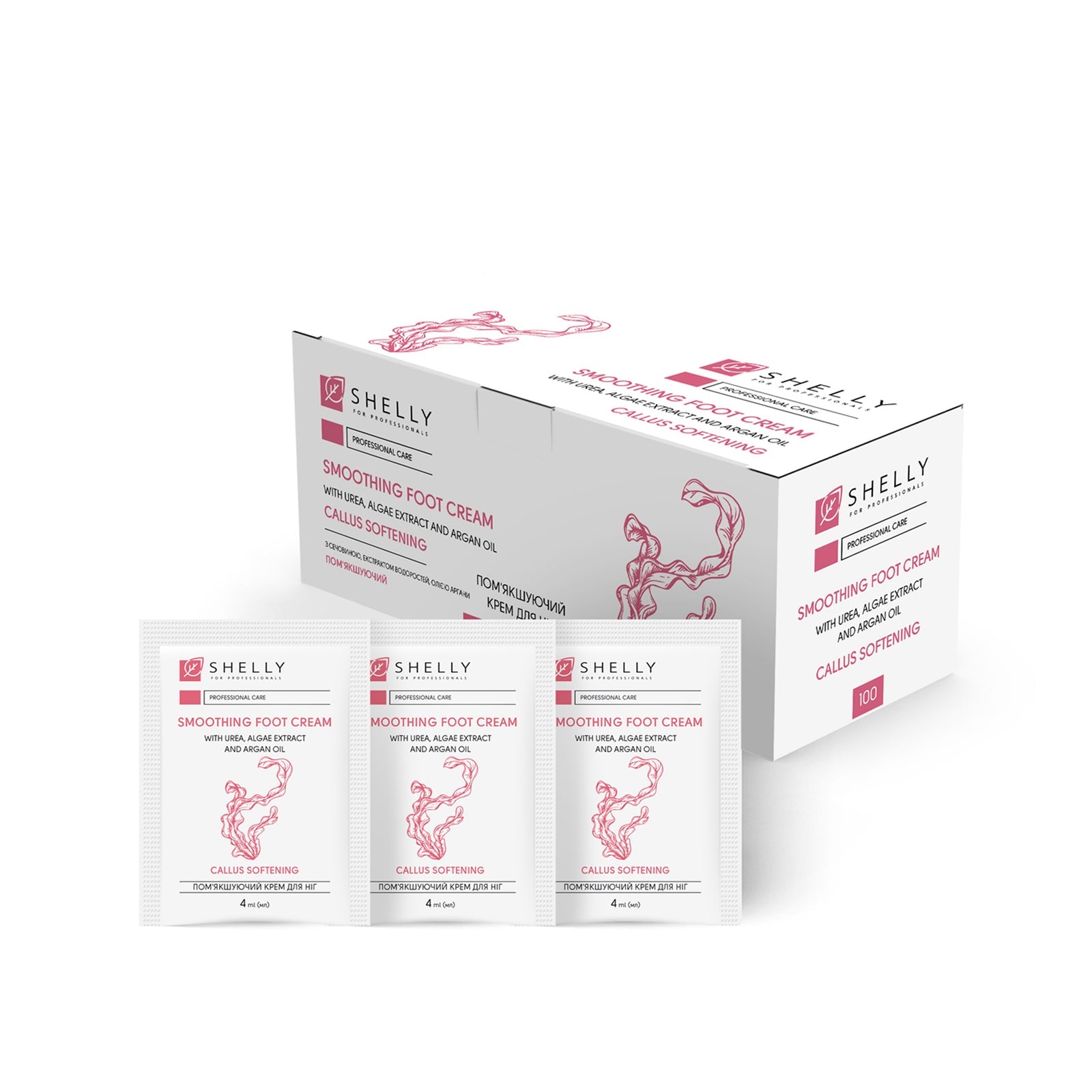 Shelly weichmachende Fußcreme mit Urea, Algenextrakt und Arganöl, 4 ml × 100 Stk.